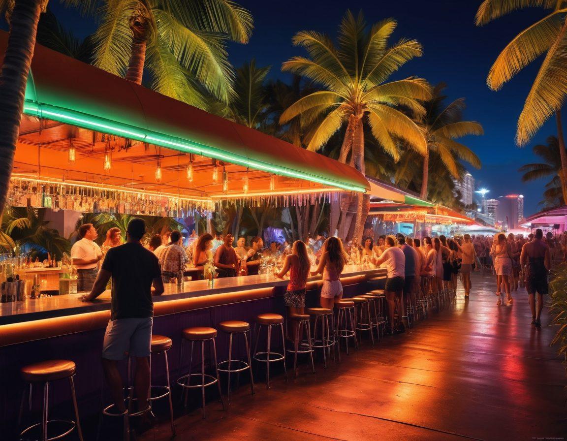 A lively scene of Miami's nightlife, showcasing a diverse group of people socializing at an outdoor bar with palm trees and vibrant neon lights in the background. Incorporate elements like cocktails, dancing, and friends laughing, conveying a sense of excitement and connection. The atmosphere should feel warm and inviting, capturing the essence of Miami's culture. vibrant colors. super-realistic.