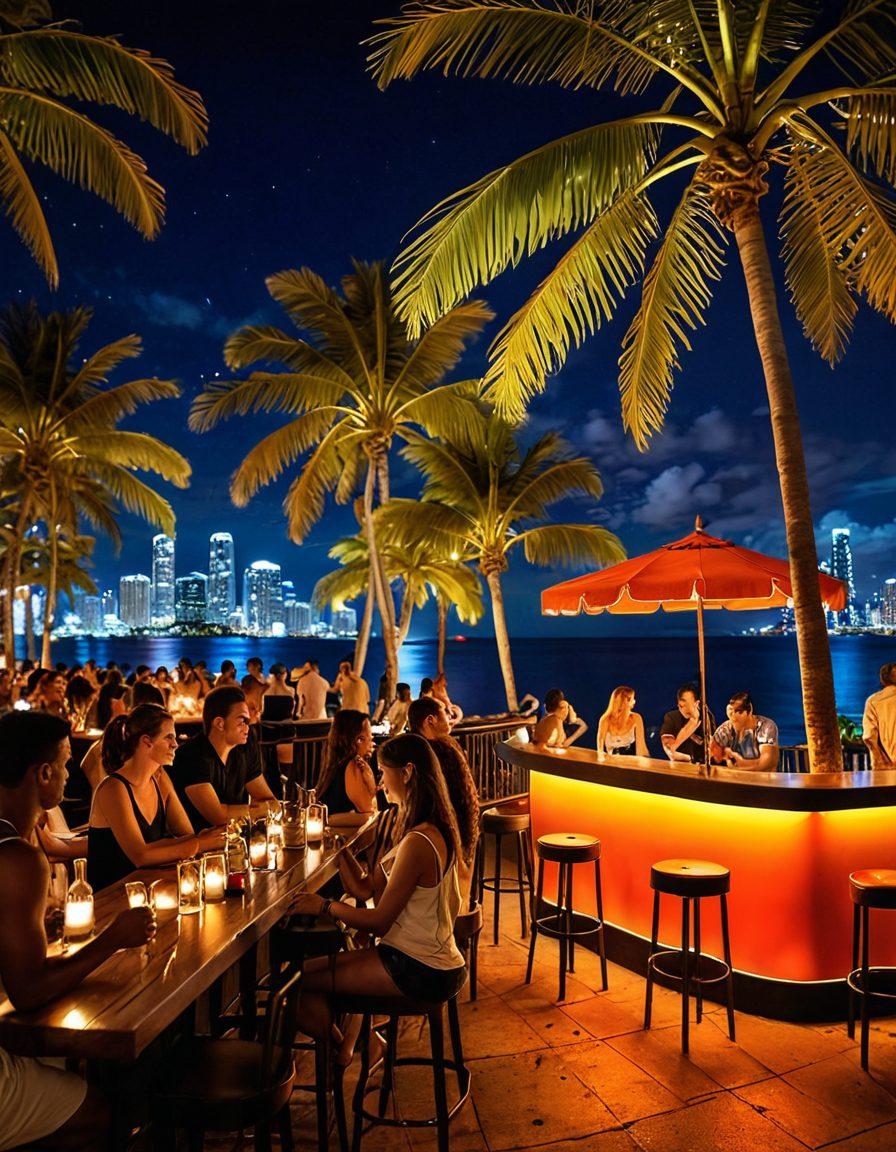 A lively Miami nightlife scene featuring diverse adults enjoying vibrant nightlife. Neon lights reflecting off the ocean, people dancing at a rooftop bar with palm trees swaying, and a backdrop of the city skyline. Include cocktails and festive decorations to enhance the party atmosphere. ultra-realistic, vibrant colors, nightlife theme.