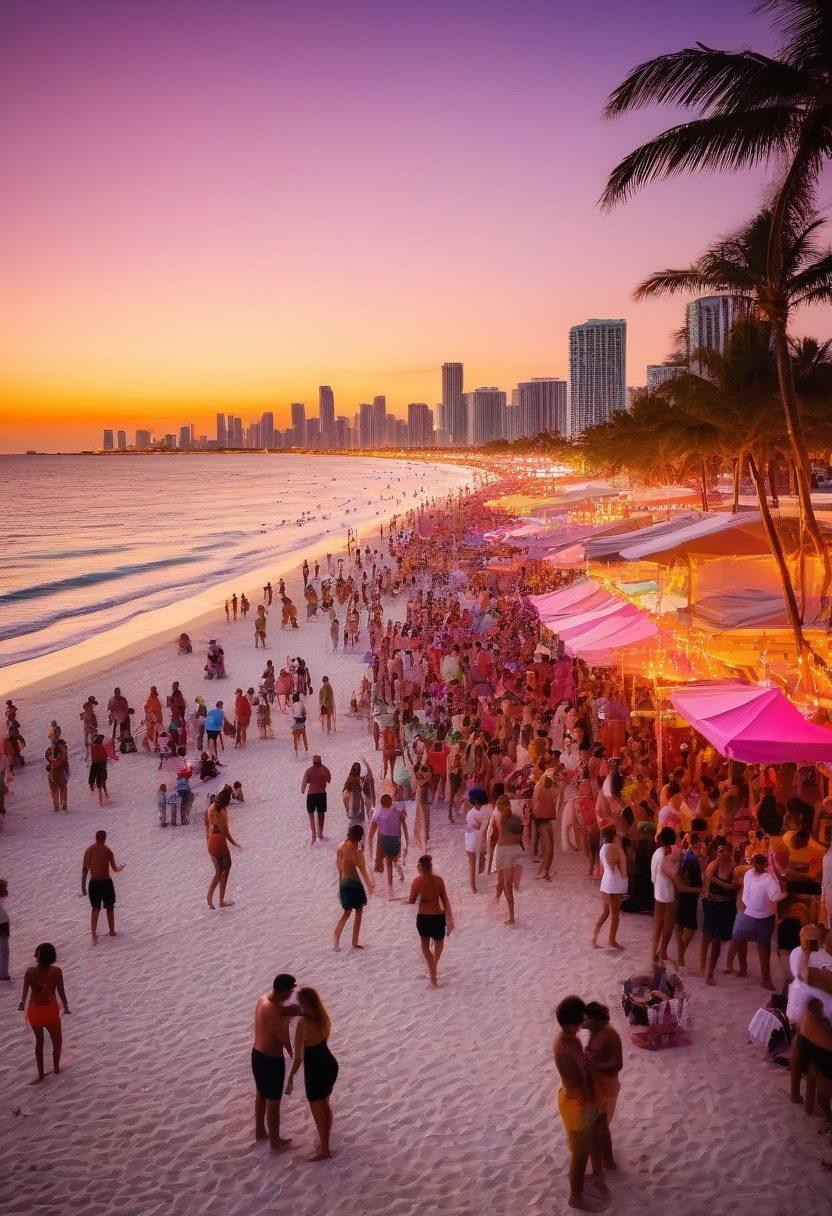 A vibrant Miami beach scene at sunset, with a diverse crowd of people enjoying a lively beach party, showcasing playful and artistic expressions of freedom and connection. The atmosphere is filled with colorful lights, and beach decorations, capturing moments of laughter, dance, and intimate conversations. Emphasize the iconic Miami skyline in the background. tropical, energetic, super-realistic, vibrant colors.